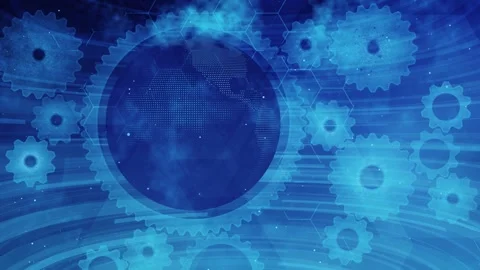 Rotating earth globe surrounded by interconnected cogs and gears, global Stock Footage 322784442