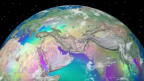 Rotating Earth planet in night sky with stars, colorful rainbow reflection Stock Footage 194969349