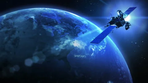 Rotating Earth with satellite. Blue. Close up left. Loopable. Stock Footage