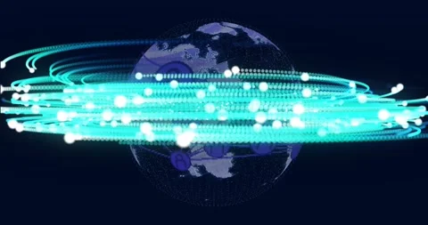 Rotating Earth in space with digital data streams animation Video stock 328520833