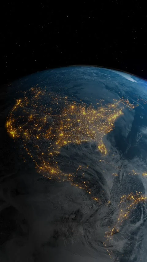 Rotating Earth view from space, illuminated city lights across continents. Video stock 283306559