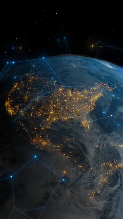Rotating Earth viewed from space, urban areas glow with orange lines Stock Footage 283306566