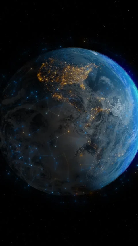 Rotating Earth viewed from space, vibrant blue tones with bright city lights. Video stock 283306721