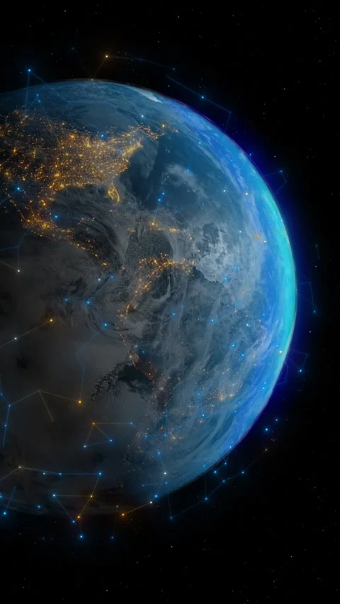 Rotating Earth viewed from space, vibrant city lights illuminating continents Stock Footage 283306868