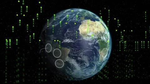 Rotating Earth while green binary columns growing causing rings pulsing and Stock Footage 320916264