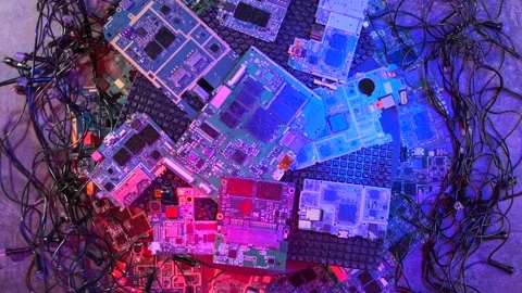 Rotating electronic circuit boards, microchips and microcircuits in wires Stock Footage 271369236