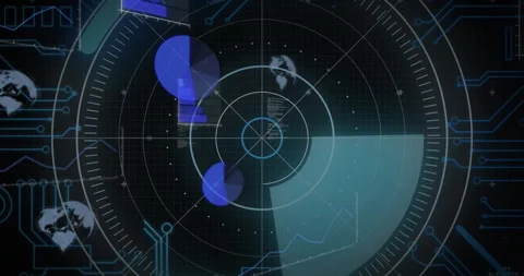 Rotating elements and data processing on radar screen, creating animation Stock Footage 304479434