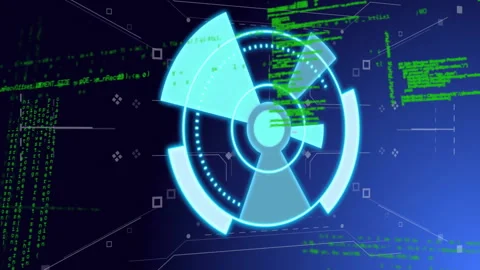 Rotating elements and green code lines in futuristic digital animation interface Stock Footage 303675953