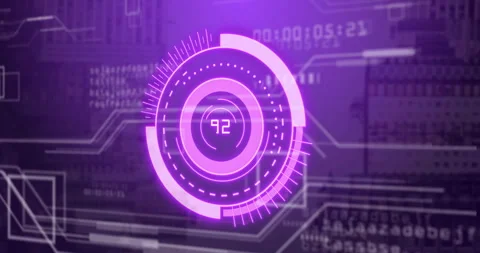 Rotating elements and numbers in futuristic digital interface, data processing Stock Footage 304486094