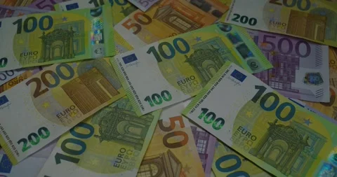 Rotating Euro banknotes of various denominations, 500, 200, 100 and 50 Euros Stock Footage 252190251