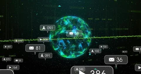Rotating faceted globe pulsing in analytics display, streaming dotted data and Illustrazione stock