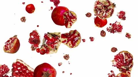 Rotating falling ripe pomegranates. pattern on a white background. 库存影片 148325319