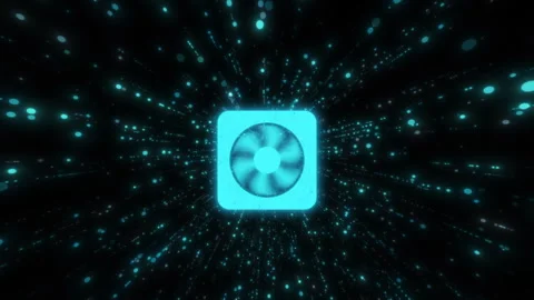 Rotating fan icon with absorbing glowing particles. Vortex effect, airflow, tech Stock Footage 332571892