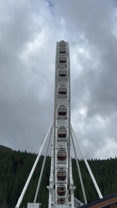 Rotating ferris wheel in scenic forest under dramatic cloudy sky Stock Footage 279939342