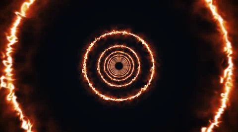 Rotating fire rings form an endless long, computer generated. 3d rendering of Illustrazione stock