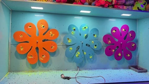 Rotating Flower Targets in a Shooting Gallery Stock Footage 341623838
