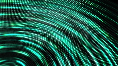 Rotating flowing and twisting light stripes. Green dots and binary code Stock Footage 244914734