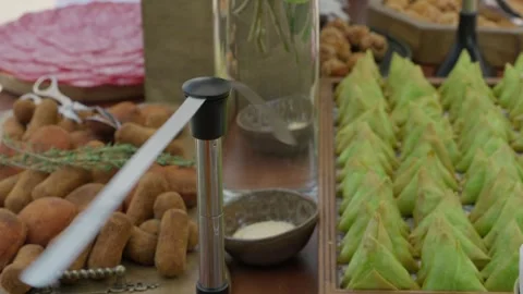 Rotating Fly Repellent Fan Spinning Over Croquettes On Catering Buffet Stock Footage 342859754