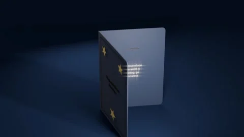 Rotating folded greeting card opening to reveal message on dark blue floor with Stock Footage 339721870