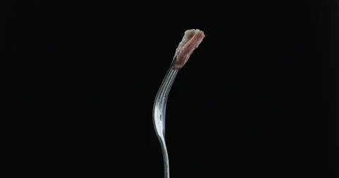 Rotating fork with shrimp on black background Video stock 145413374