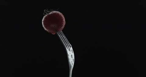 Rotating fork with tomato on black background Stock Footage 144328921