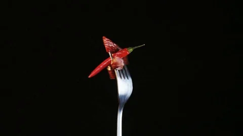 Rotating Fork With Two Sausages and Chili Pepper on Black Background Stock Footage 70541608