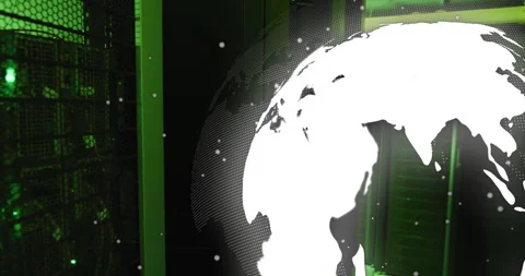 Rotating globe and data processing animation over green and black background Stock Footage 305221380