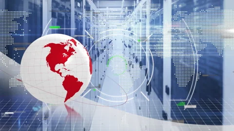 Rotating globe and digital data animation over server room background Stock Footage 303792824