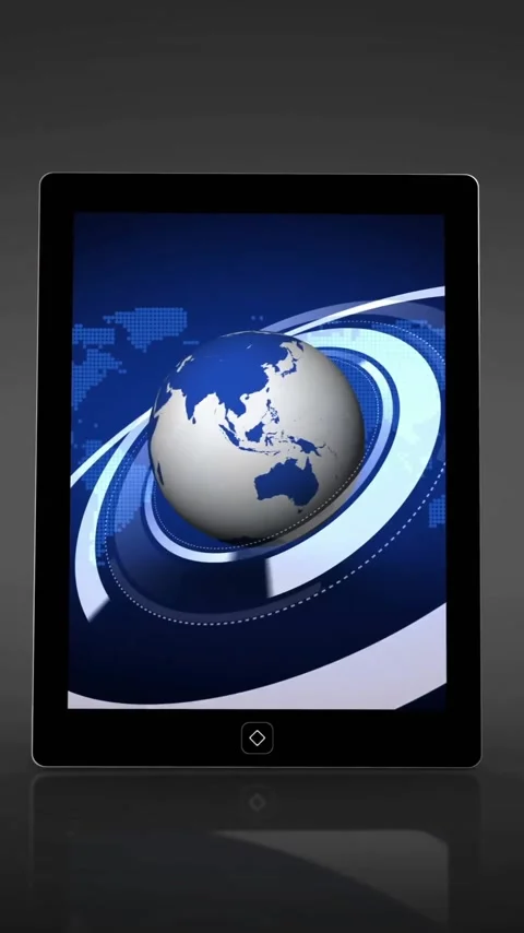 Rotating globe and digital rings animating over tablet screen in close-up view Stock Footage 342954416