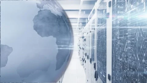 Rotating globe animation over data servers in modern data center Video stock 327309708