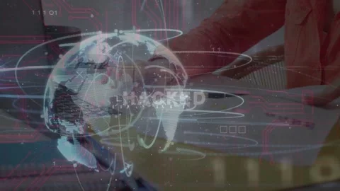 Rotating globe appearing over laptop, woman typing, picking papers, reacting to Stock Footage 333925190