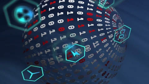 Rotating globe of binary code with hexagonal icons, digital data processing Stock Footage 313446226