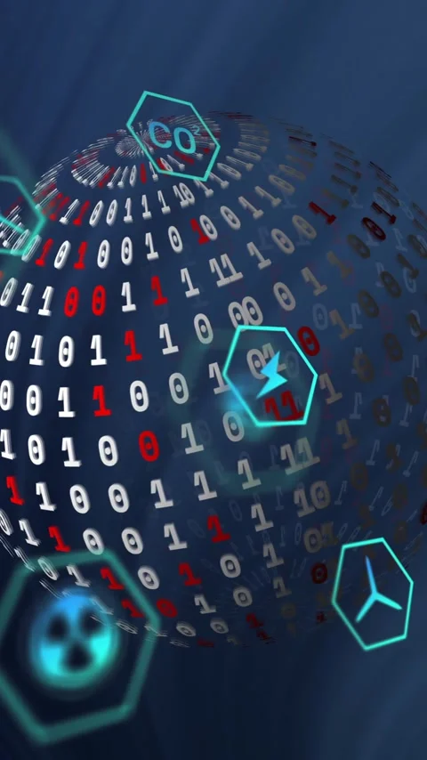 Rotating globe of binary code with hexagonal icons, digital data processing Stock Footage 320093929