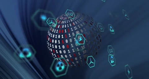 Rotating globe of binary code with hexagonal icons, digital data processing Stock Footage 327713635