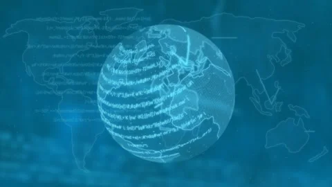 Rotating globe with coding animation over world map background in tech setting Stock Footage 304574447