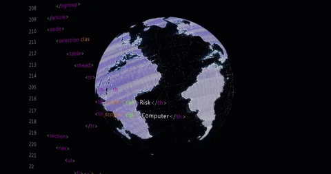 Rotating globe with continents over HTML code animation Stock Footage 306199663