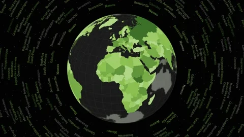 Rotating globe. Dark translucent globe with round geographical names text. As... Stock Footage 228092382
