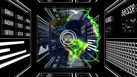 Rotating globe in data cube HUD popping pings driving green arcs peaking-fading Stock Footage 331197897