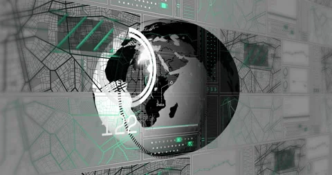Rotating globe with data points and charts, global network analysis animation Stock Footage 303616686