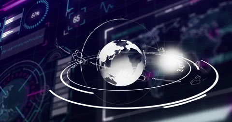 Rotating globe with data points animation over digital interface with graphs Stock Footage 303684741
