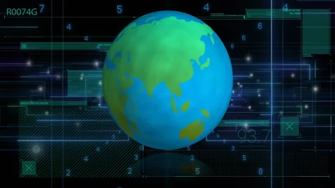 Rotating globe with digital data and numbers animation in background Video stock 303422399