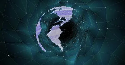 Rotating globe with digital data image over geometric background Foto stock