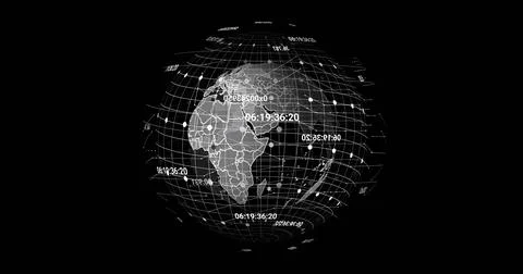 Rotating globe displaying lat-long grid in virtual interface, with floating Stock Illustration