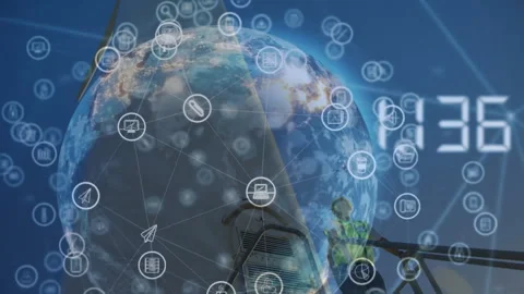 Rotating globe forming data icon overlay near turbine, tech climbing ladder Stock Footage 312240789