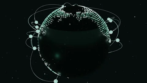 Rotating globe glowing teal dots, node markers appearing and drawing arcs in Stock Footage 337964671
