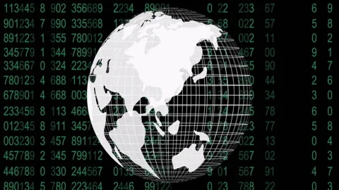 Rotating globe with grid lines animation over binary code background Stock Footage 304102492