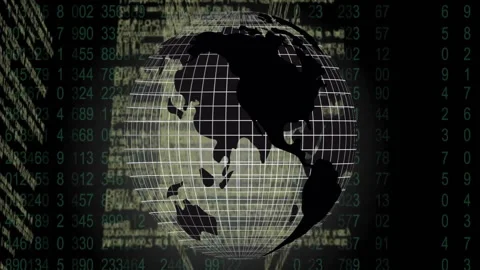 Rotating globe with grid lines animation over scrolling numbers and data Video stock 304191426