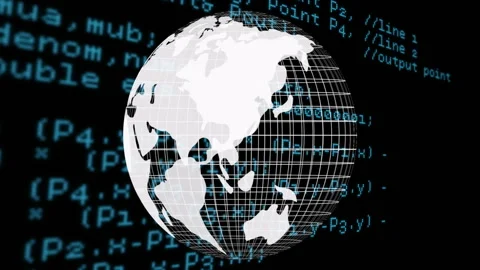 Rotating globe with grid lines over blue programming code animation Stock Footage 305366694