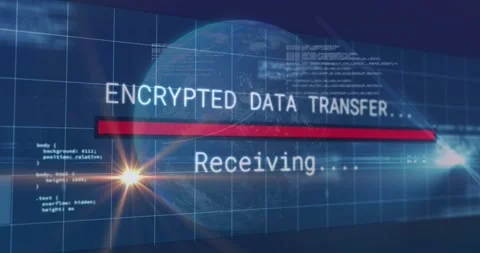 Rotating globe initiating grid and code fading, encrypted transfer UI sliding Stock Footage 317264897