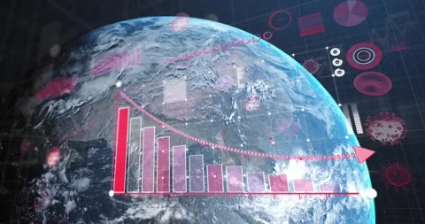 Rotating globe initiating red bars emerging rightward, arrow sweeping downward Stock-Footage 328007348